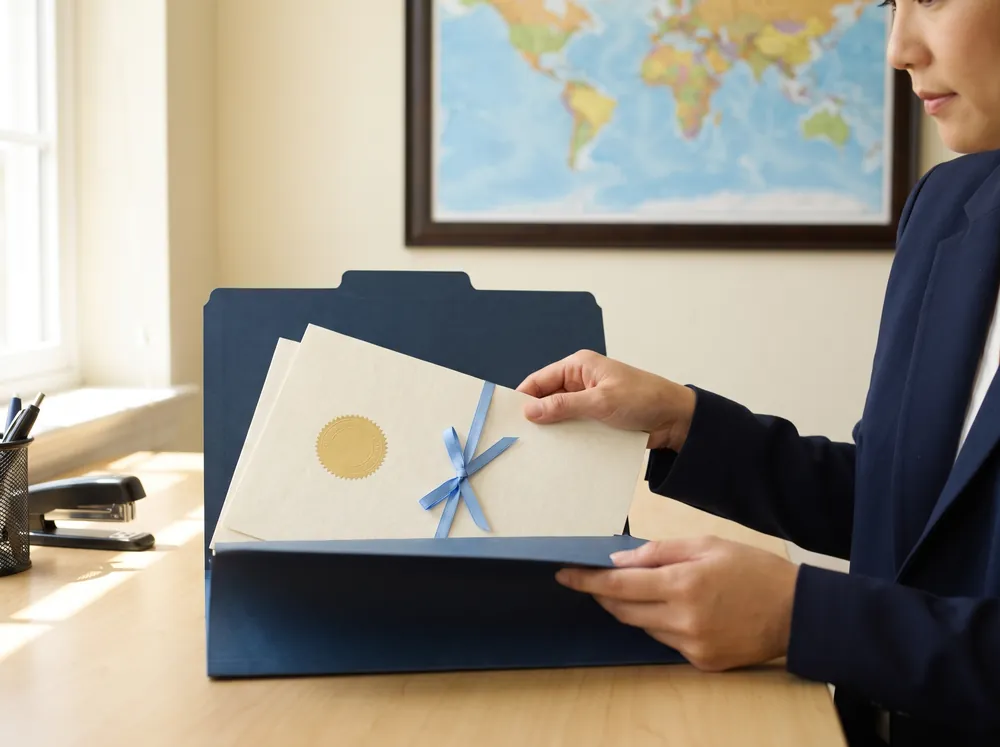 Official documents with a gold seal and blue ribbon placed in a navy folder