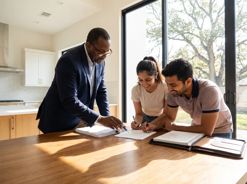 Notary signing agent guiding a couple through mortgage documents at a kitchen table