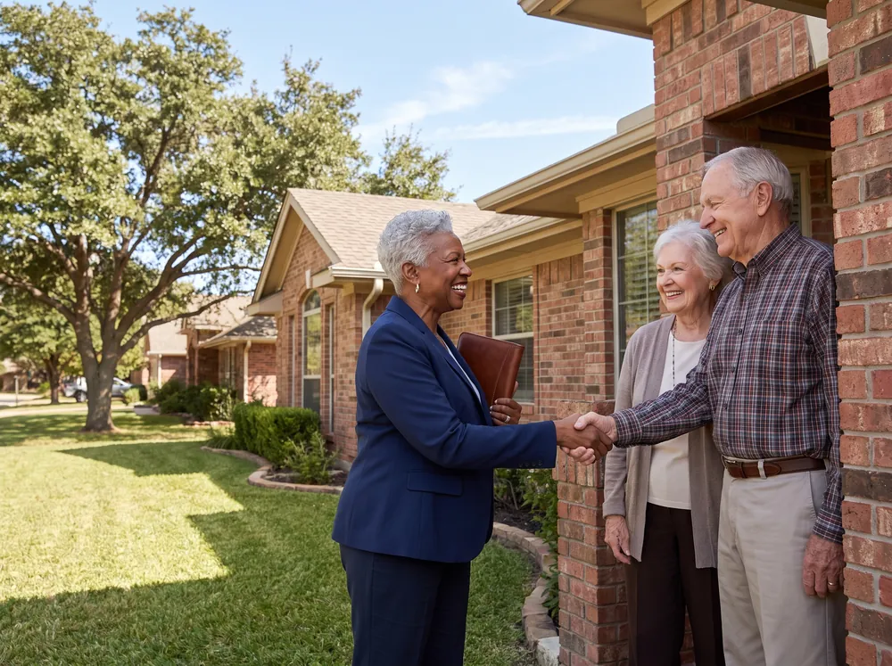 Mobile notary greeted at the front door of a brick home in Fort Worth, Texas
