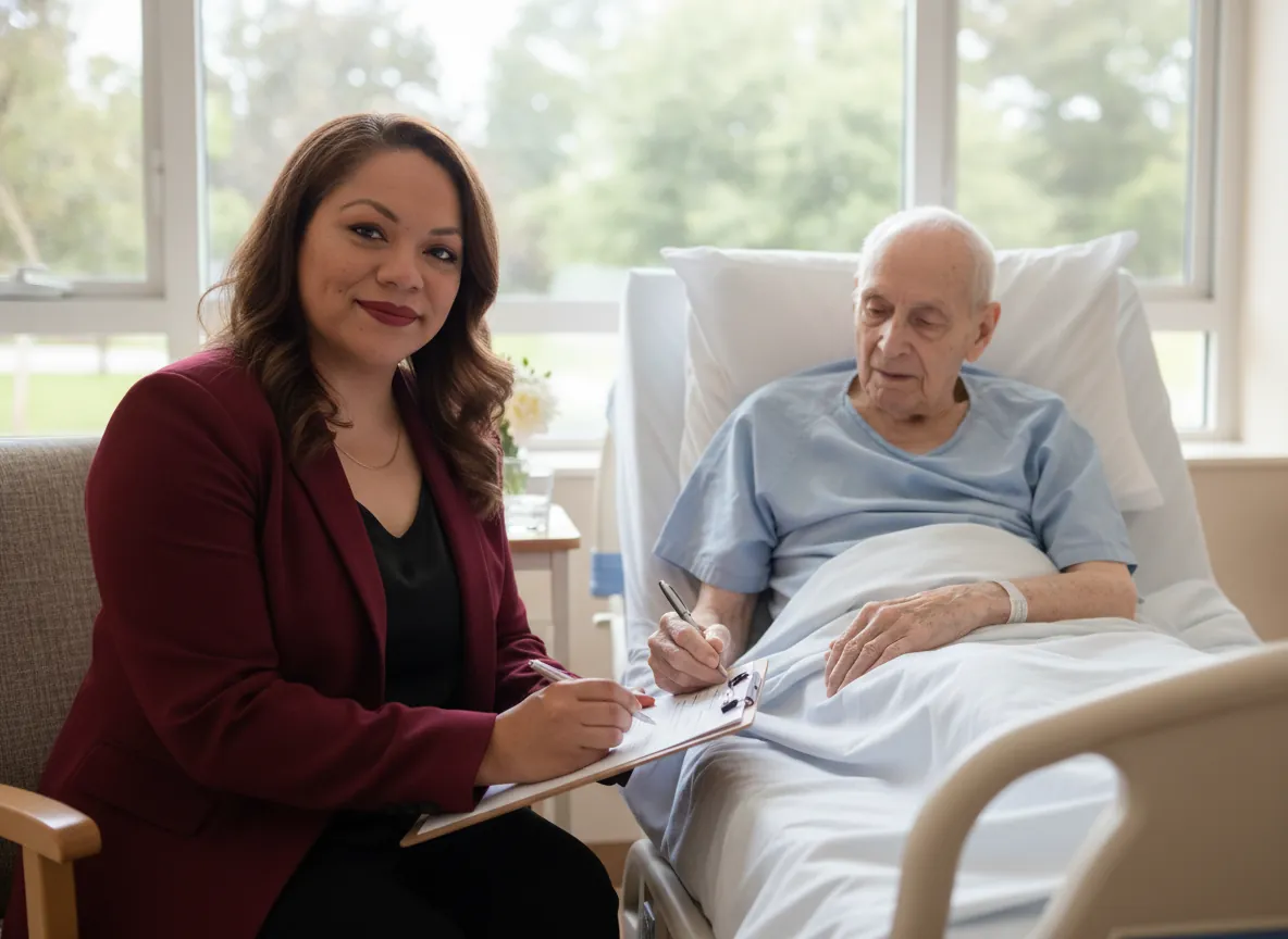 Oralia Perez beside a hospital bed while a patient signs a document