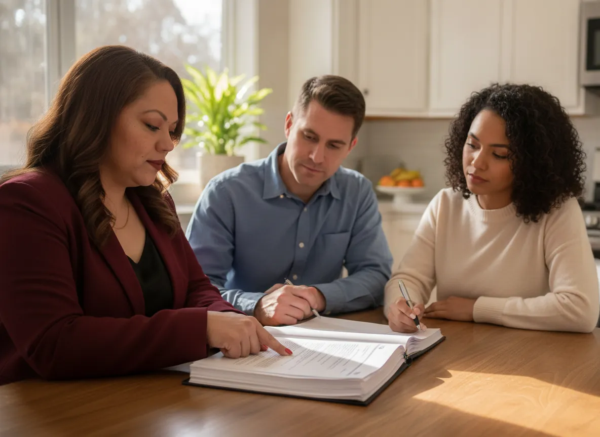 Oralia Perez showing a couple where to sign their mortgage documents