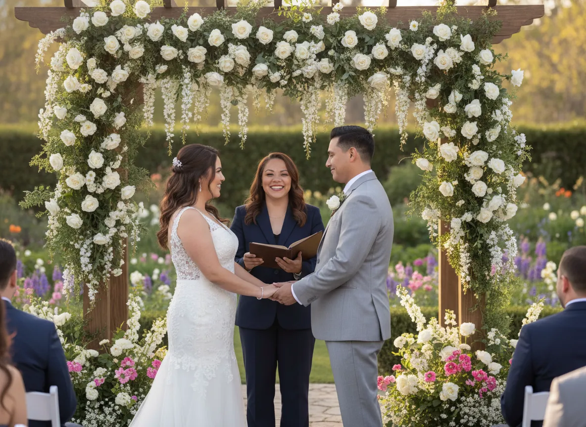 Oralia Perez officiating a garden wedding under a floral arch