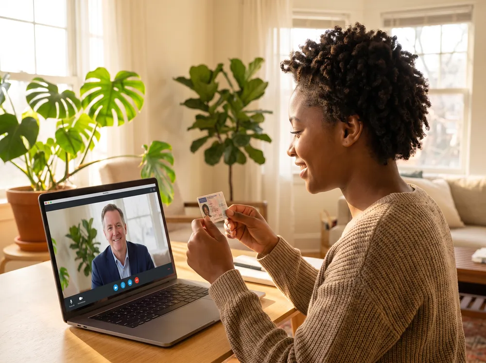 Woman holding up her identification to a laptop camera during an online notarization