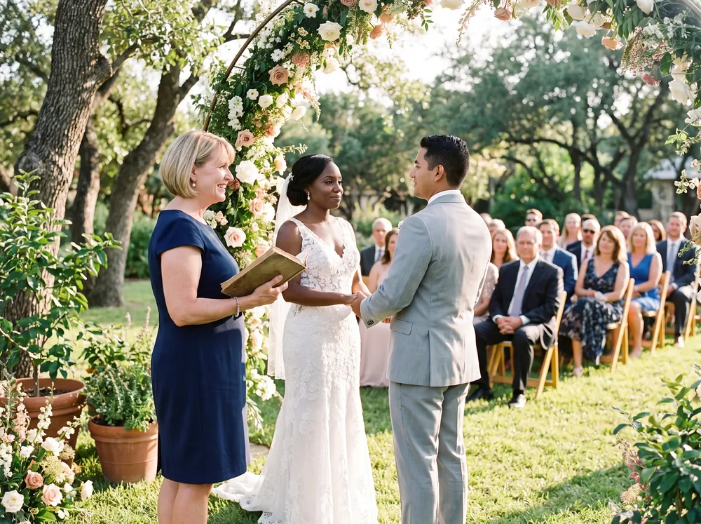 Officiant leading an outdoor wedding ceremony under a floral arch in a Texas garden